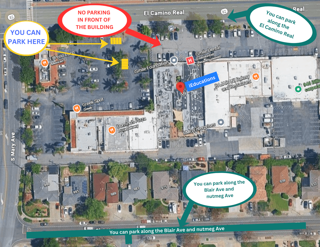 Annotated aerial map of iEducations showing permitted yellow parking spaces, street parking along El Camino Real, Blair Ave and Nutmeg Ave, and no parking in front of the building.